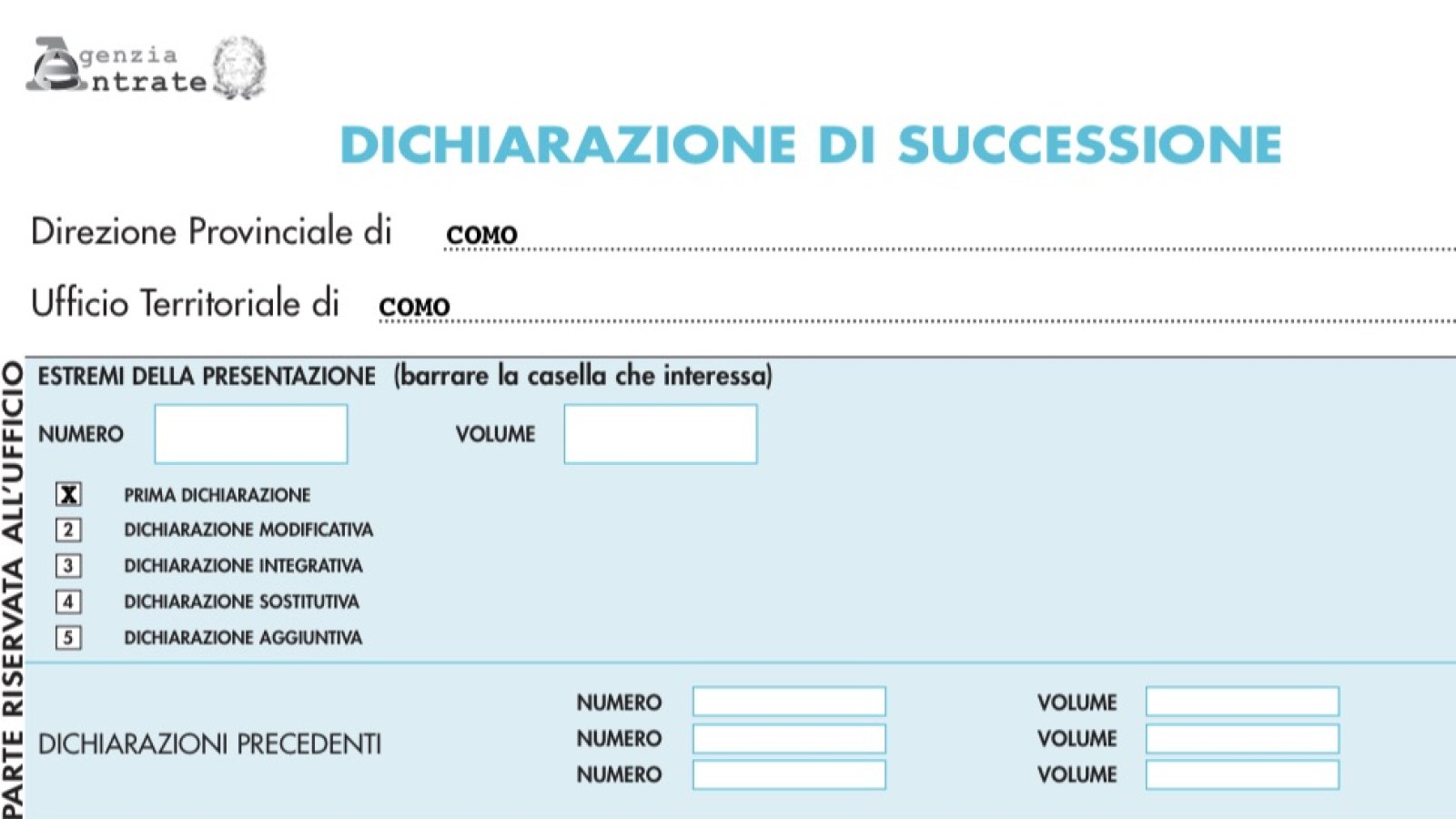 Modulo della dichiarazione di successione dell'Agenzia delle Entrate, Ufficio di Como